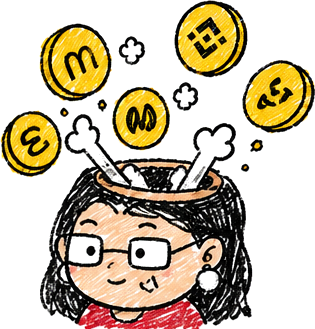 Yi He with coins popping out of her head